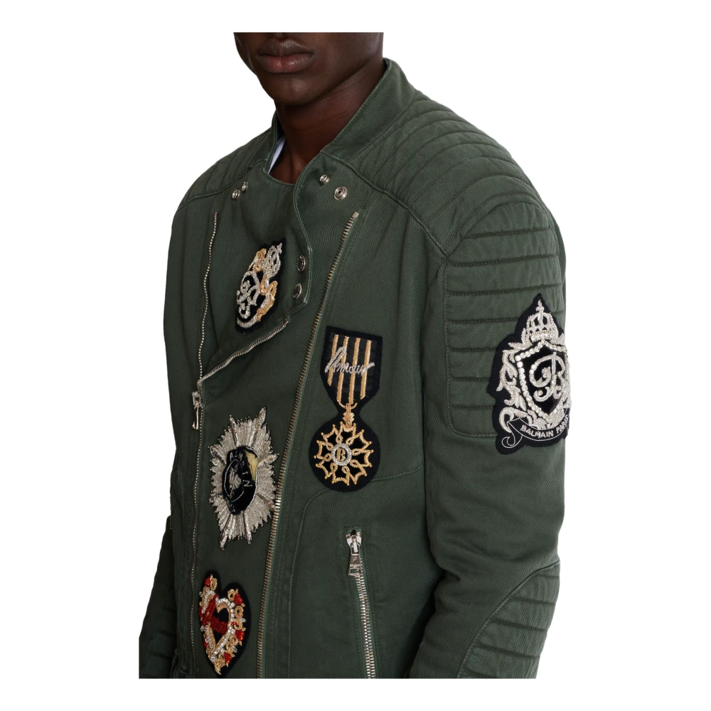 Balmain Denim Biker Jacket met Geborduurde Patches Green Heren