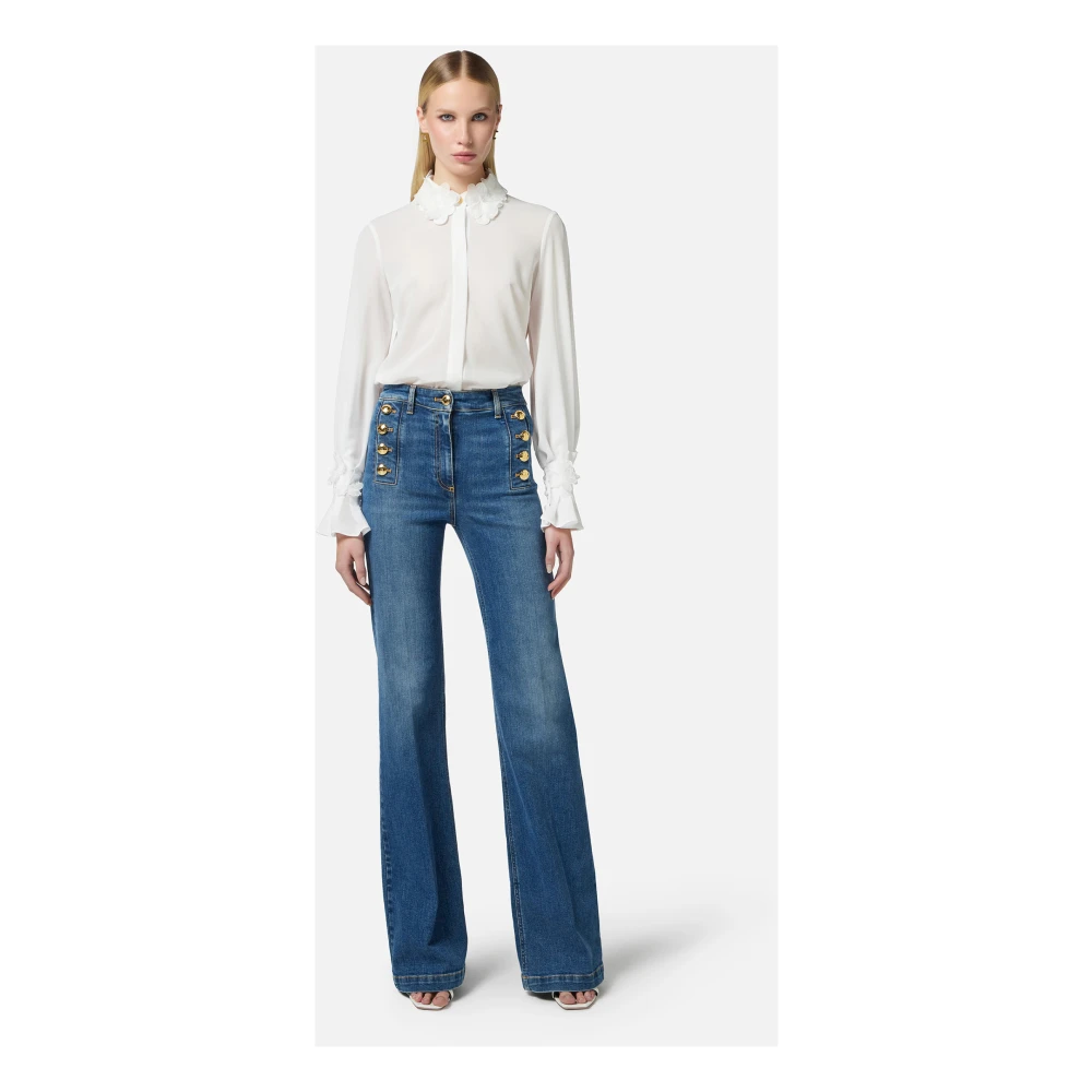 Elisabetta Franchi Wijde denim broek met matrozenknopen Blue Dames