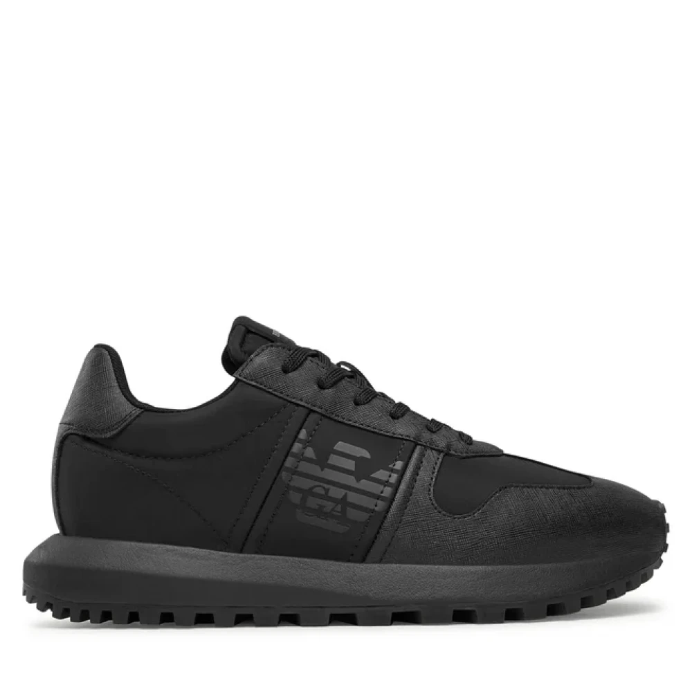 Emporio Armani Zwarte Mesh Sneakers met Suède Details Black Heren