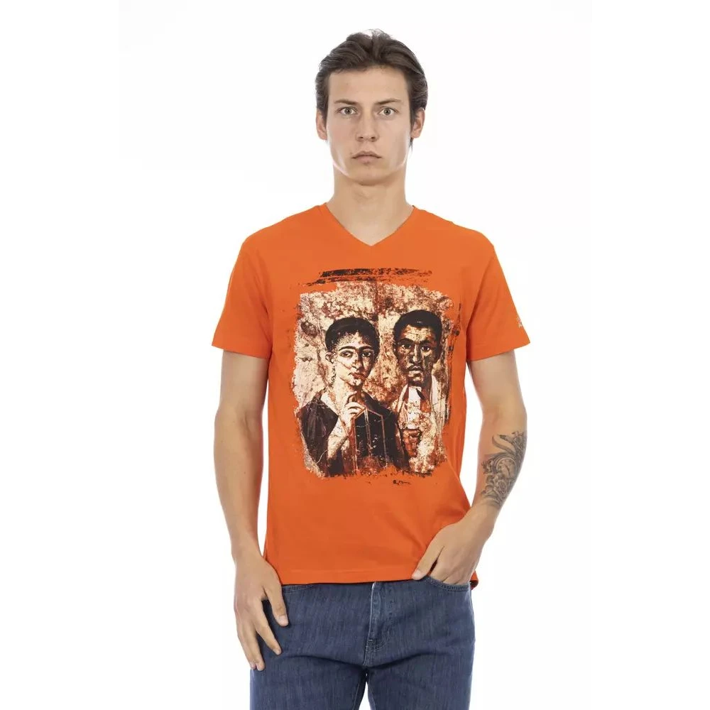 Trussardi Mannelijk Oranje Tops Heren, L, Katoen, V-Hals Grafisch T-Shirt