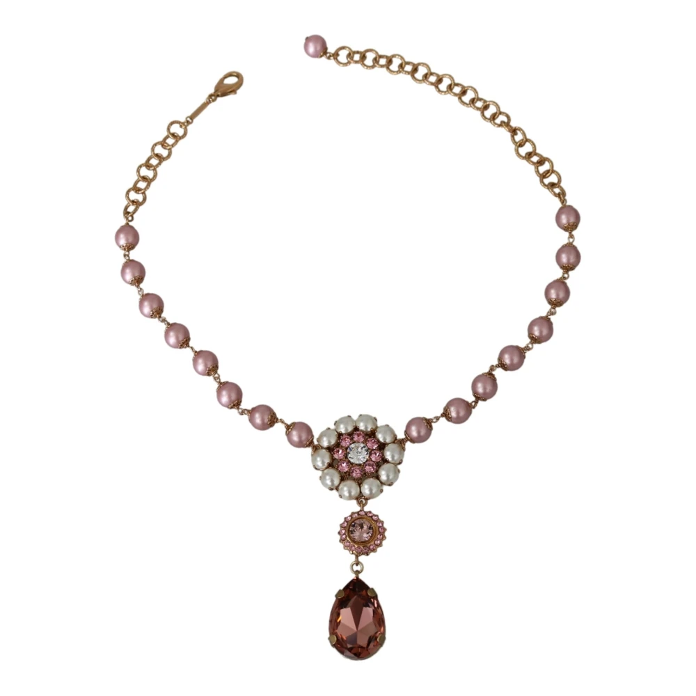 Dolce & Gabbana Pink Faux Pearl Teardrop Rhinestones Pendant Necklace Rosa Dam