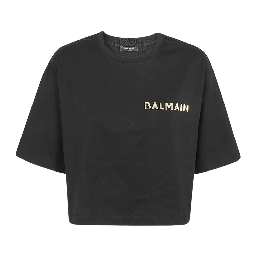 Balmain Cropped T-Shirt met Metallic Logo Black Dames