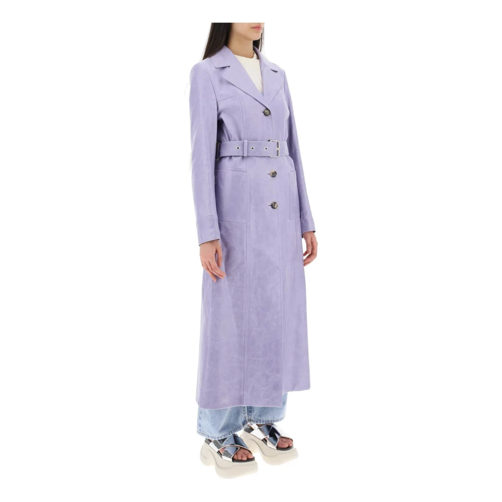 Marni Lange leren jas met reverskraag en verstelbare tailleband Purple Dames
