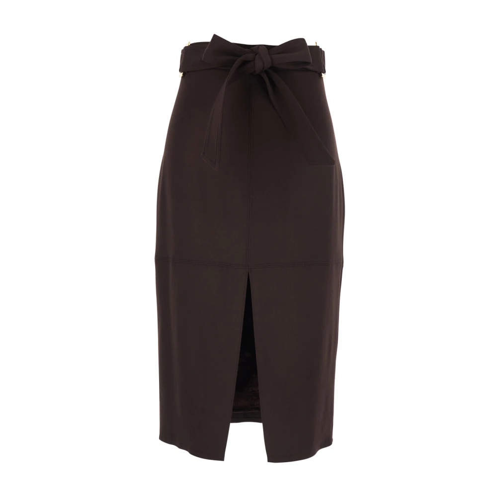 Elisabetta Franchi Women's Brown Midi Skirts, L, Gabardine Skirt With Sash Belt