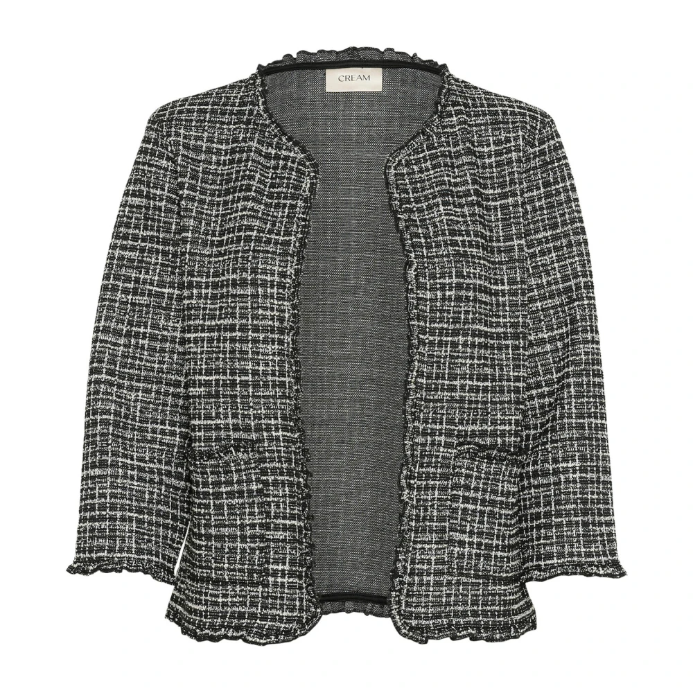 Cream Zwart Wit Boucle Check Cardigan Jas Gray Dames