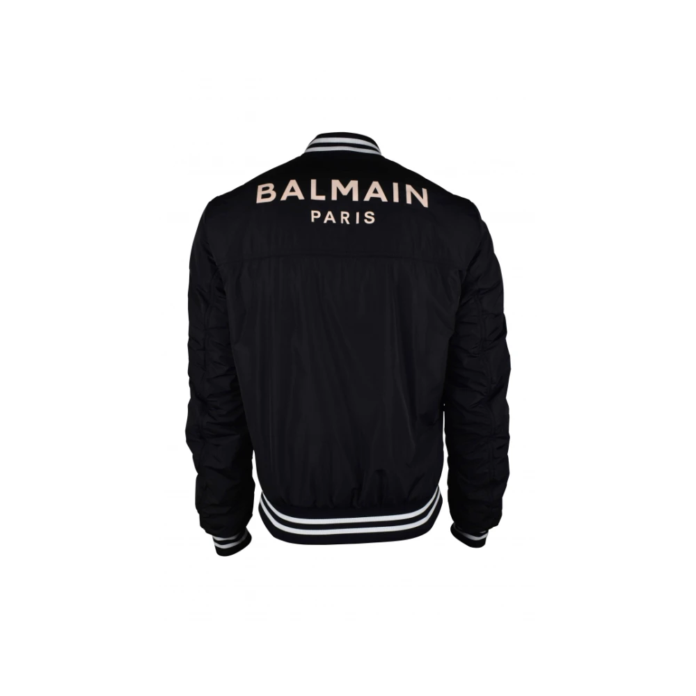 Balmain Zwarte nylon jas met wit logo Black Heren