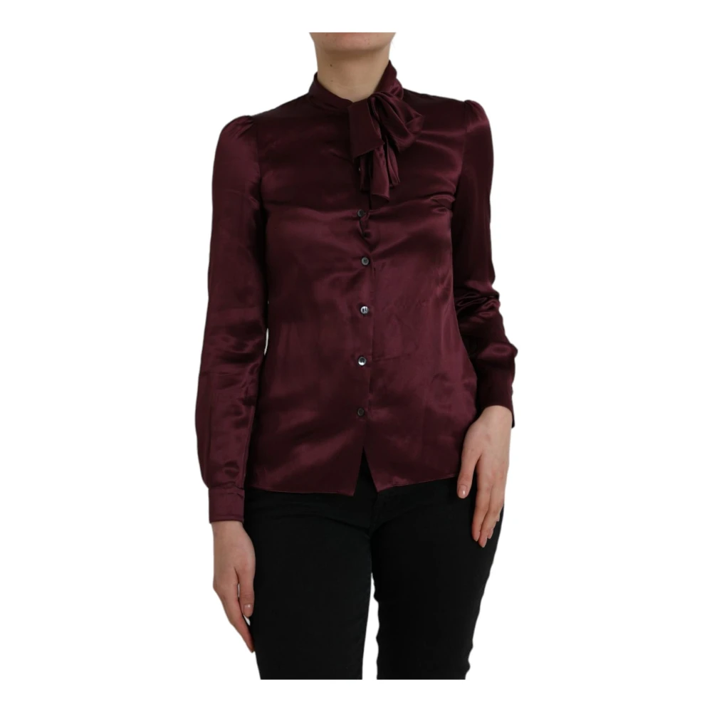 Dolce & Gabbana Bordeaux Zijden Ascot Kraag Blouse Top Brown Dames