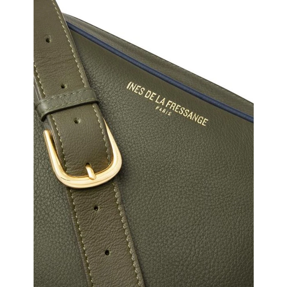 Ines De La Fressange Paris Marcia L schoudertas khaki leer met marineblauwe afwerking Green Dames