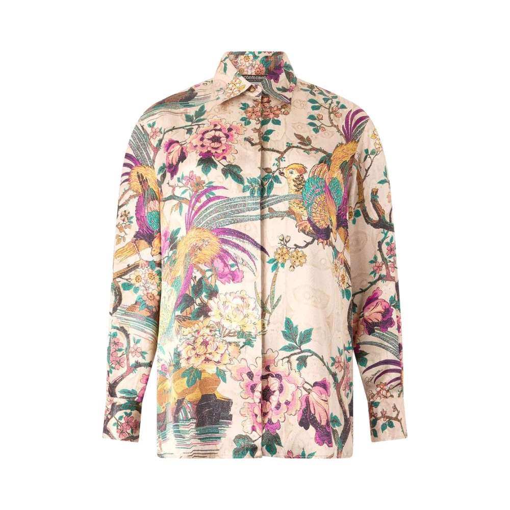 Roberto Cavalli Women's Multicolor Shirts, S, Silk Shirt With Oriental Bird Print
