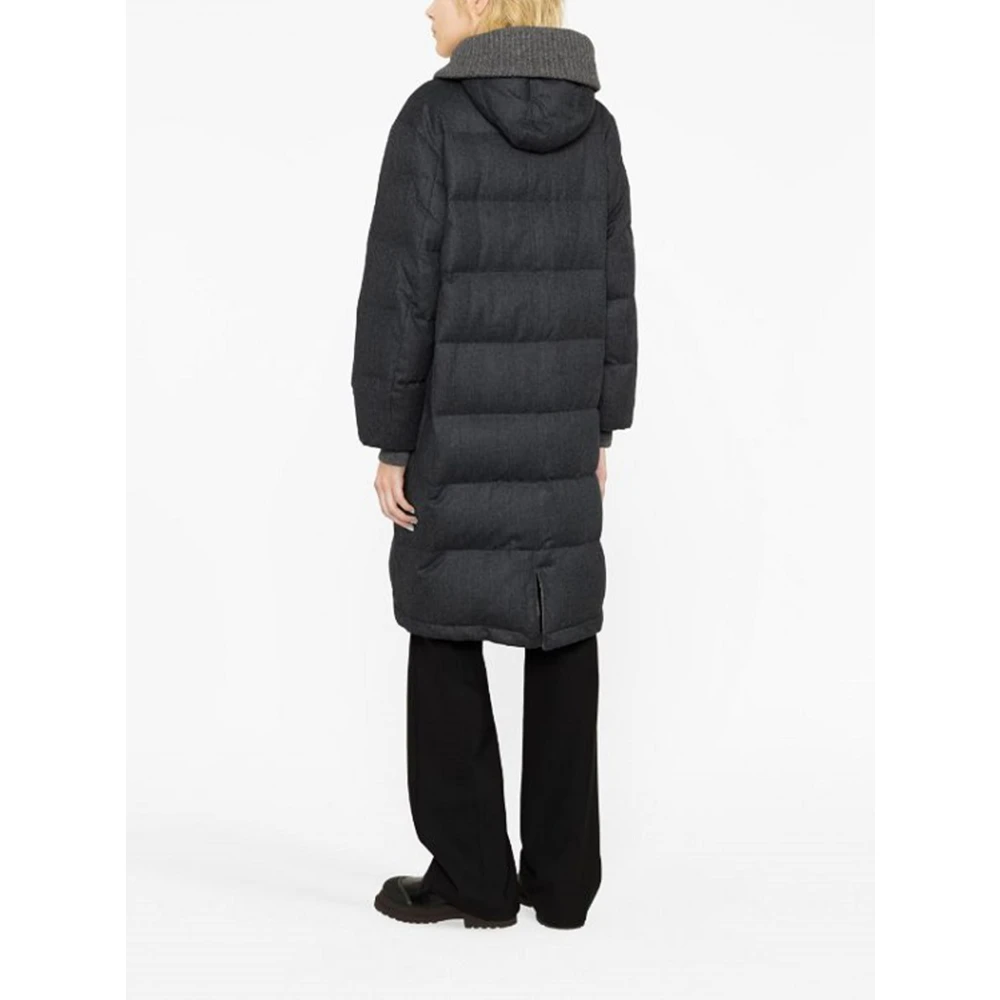 BRUNELLO CUCINELLI Grijze gewatteerde jas met gebreide afwerking Gray Dames