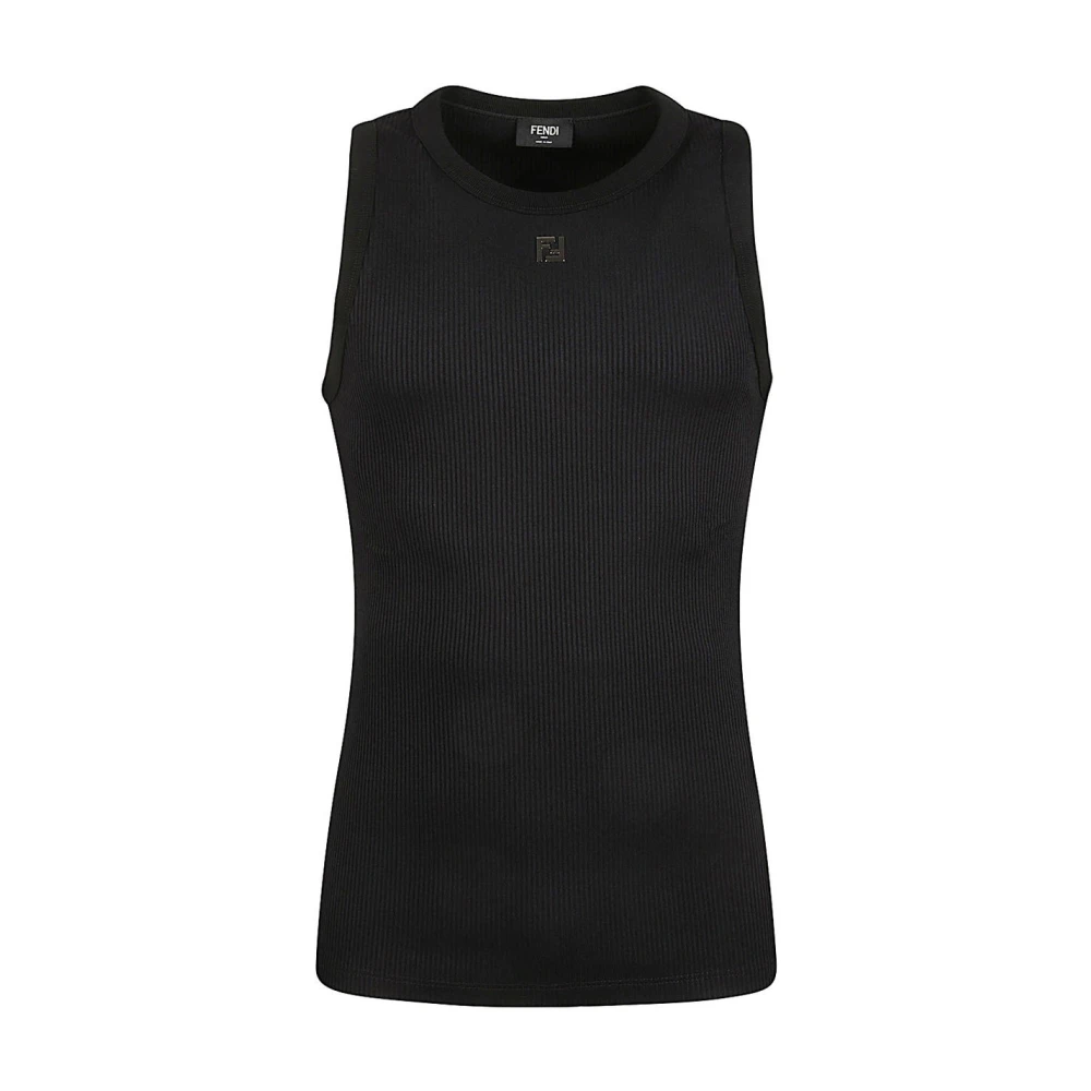 Fendi Geribbeld Logo T-Shirt Zwart Black Heren
