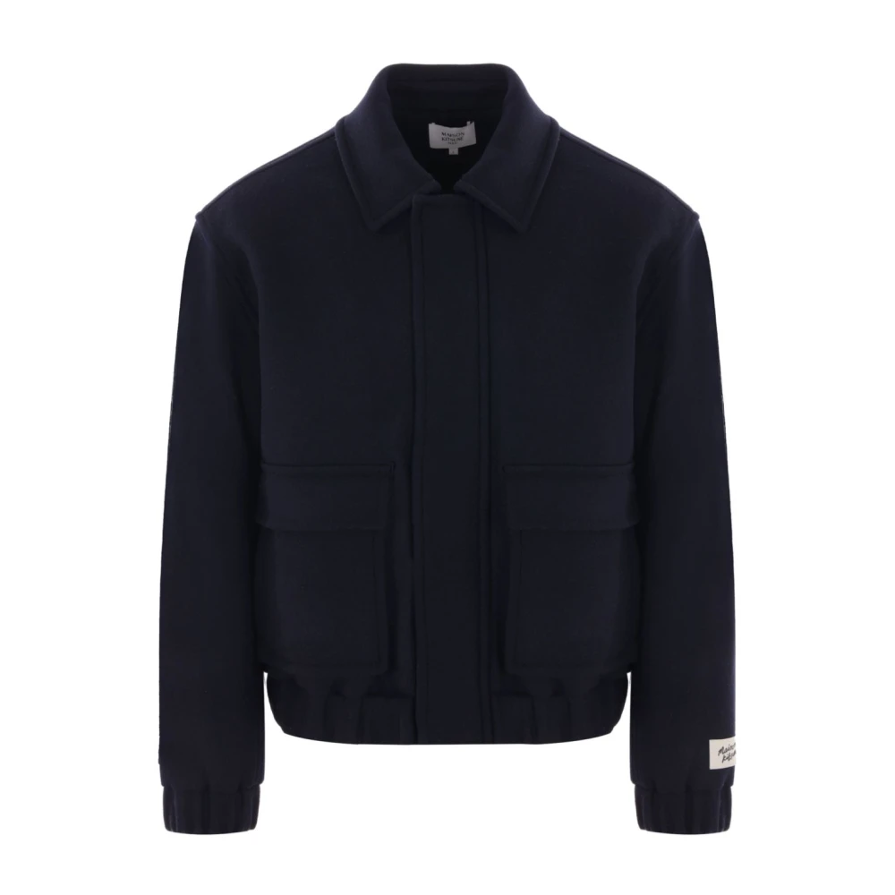 Maison Kitsuné Blauwe wollen jas met handschrift patch Blue Heren