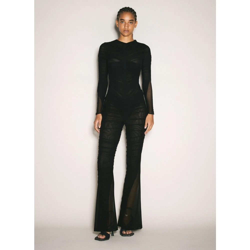 Mugler Geplooide Bodysuit met Lange Mouwen en Semi-Transparant Black Dames