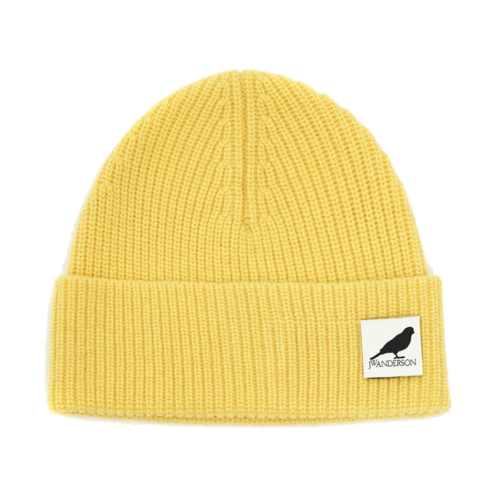 JW Anderson Gul Ull Ribbstickad Beanie Mössa Yellow, Dam