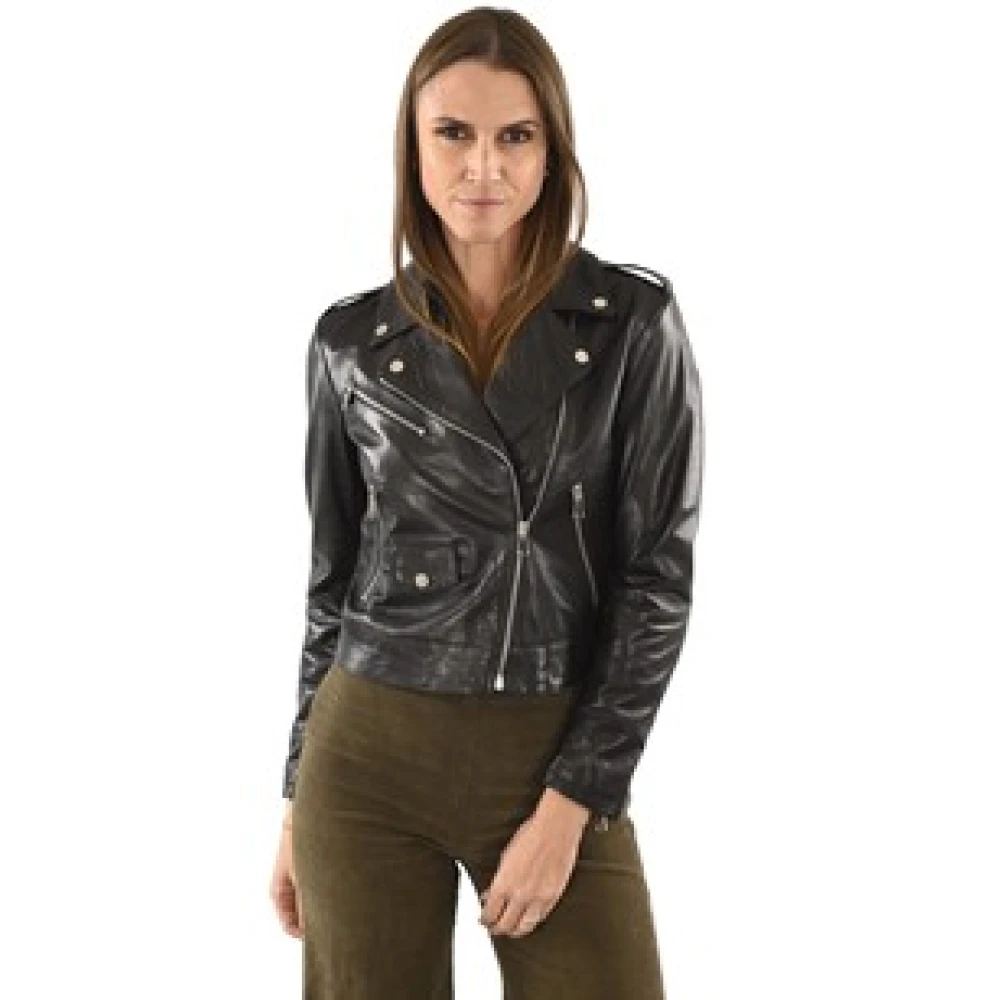 La Canadienne Korte zwarte leren bikerjas Black Dames
