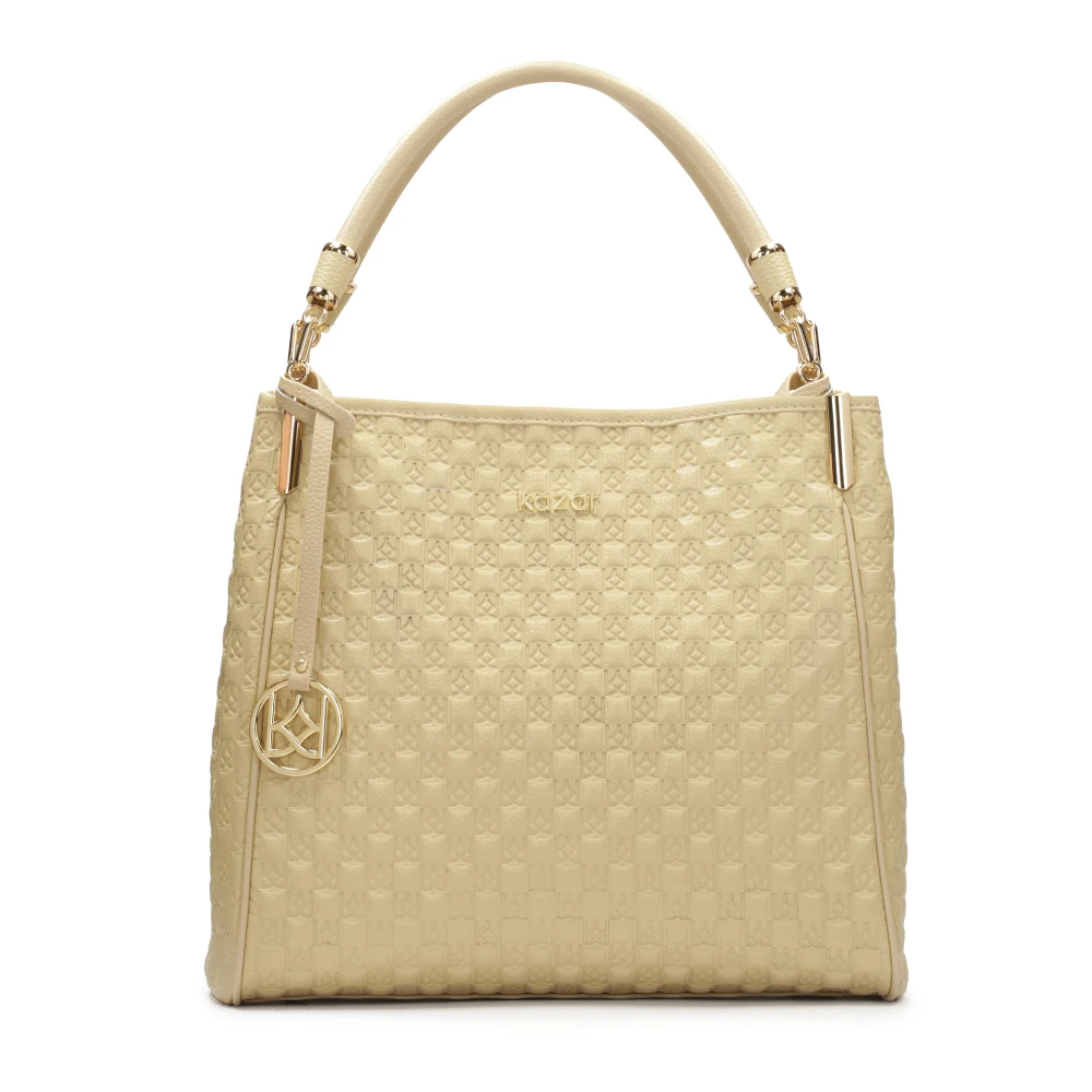 Kazar Geëmbosseerde leren handtas met gouden accenten Beige Dames