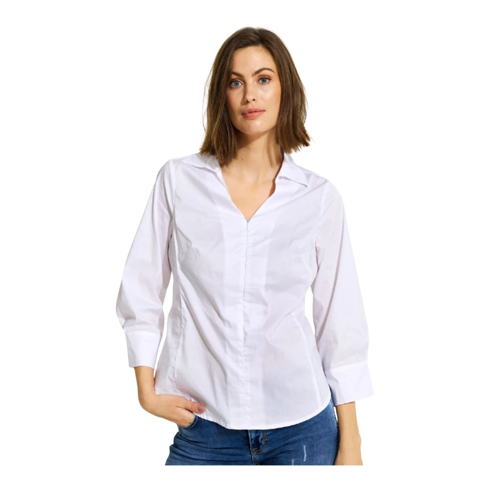 IN Front Witte Shirt met ¾ Mouwen en V-Hals White Dames