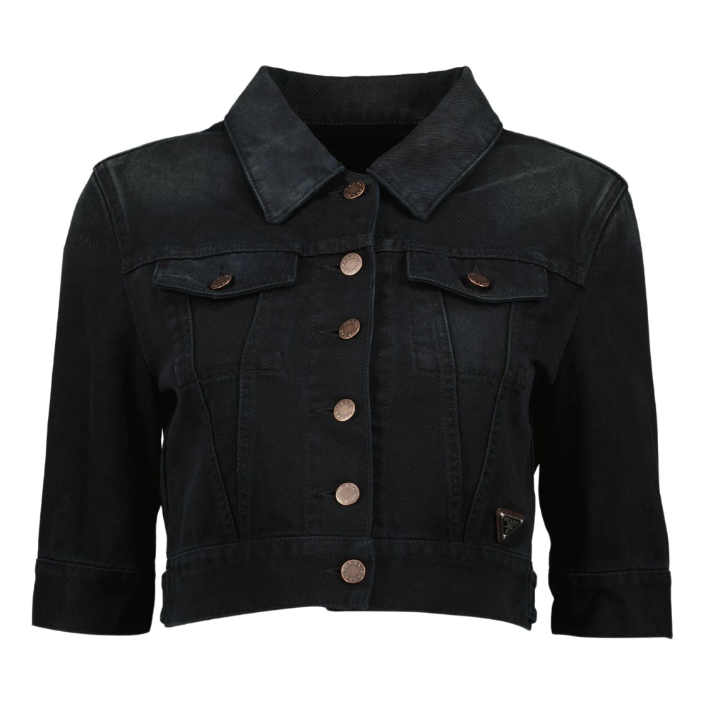 Prada Women's Black Denim Shirts, S, Washed Denim Crop Jacket