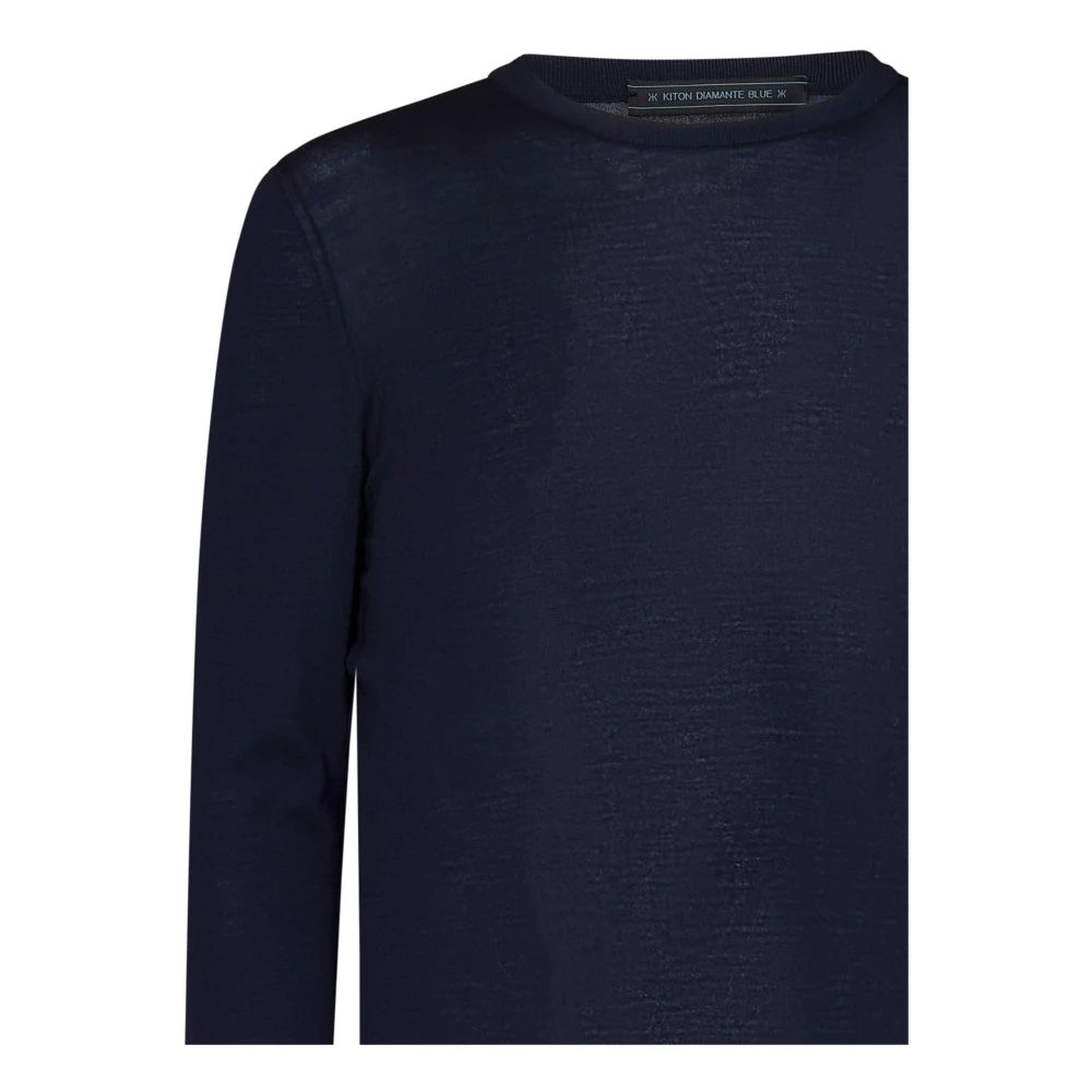 Kiton Blauwe Wollen Trui Geribbelde Hals Blue Heren