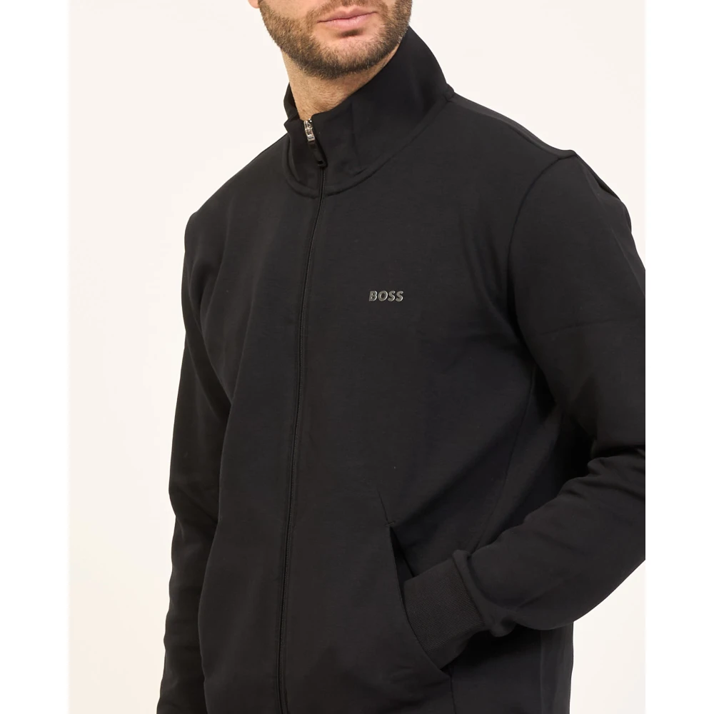 Boss Zwarte Zip-trui met Logoprint Black Heren