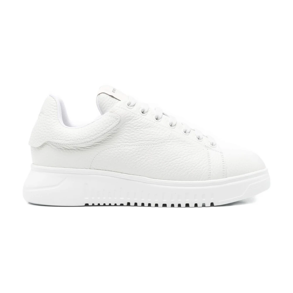 Emporio Armani Witte Leren Sneakers Vetersluiting Platte Zool Heren Schoenen