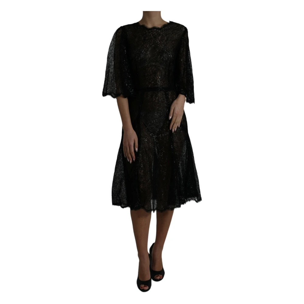 Dolce & Gabbana , Party Dresses, Female, Black, 2XL, Black Floral Lace Sheer A-Line Midi Dress - Image 3