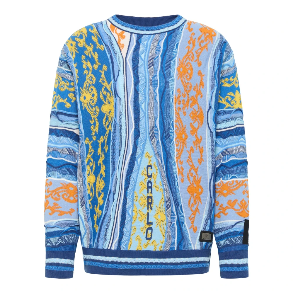 Carlo Colucci Men's Multicolor Luxury Jacquard Knit Jumper - Round-Neck Knitwear - M - Knitwear