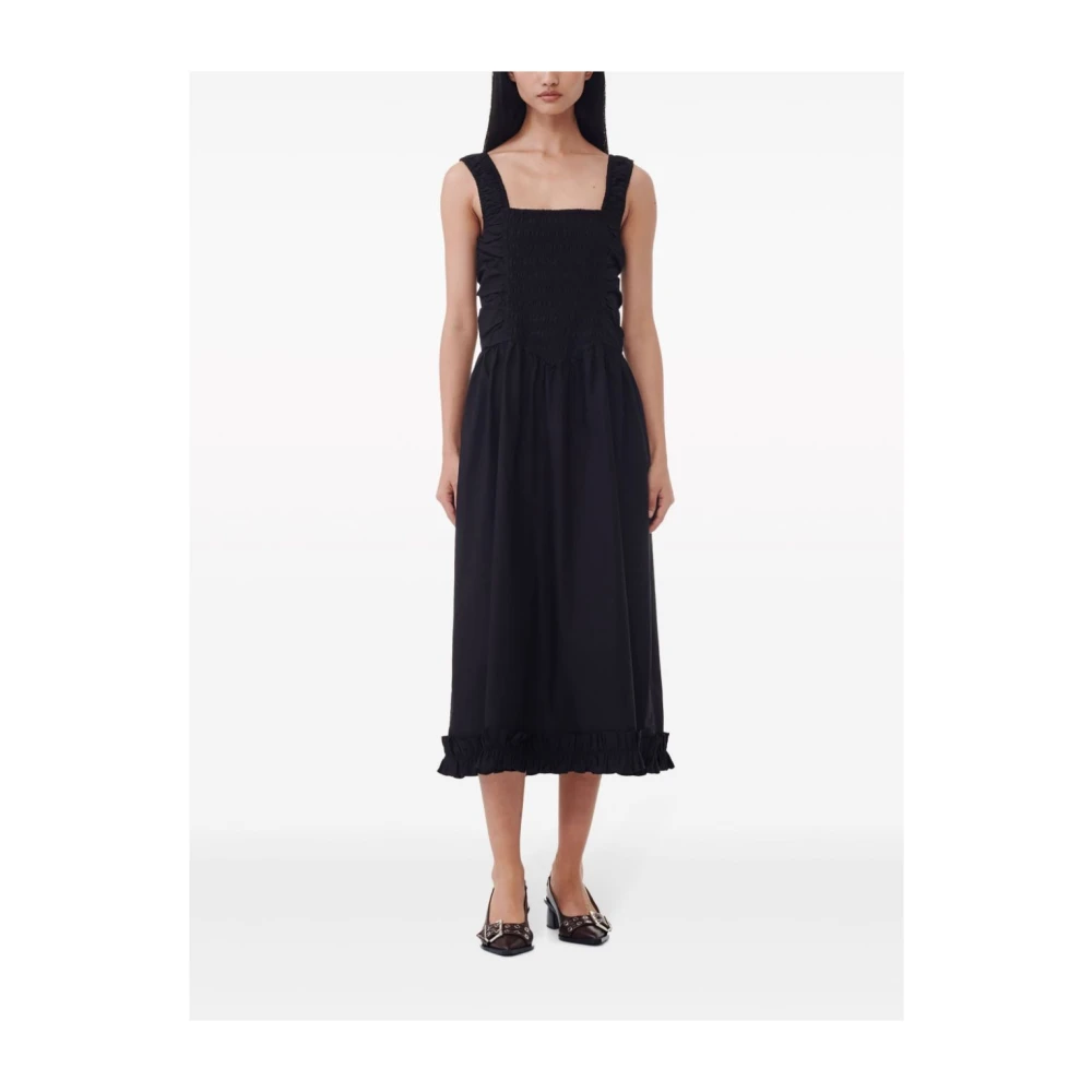 Ganni Poplin Ruched Jurk Black Dames