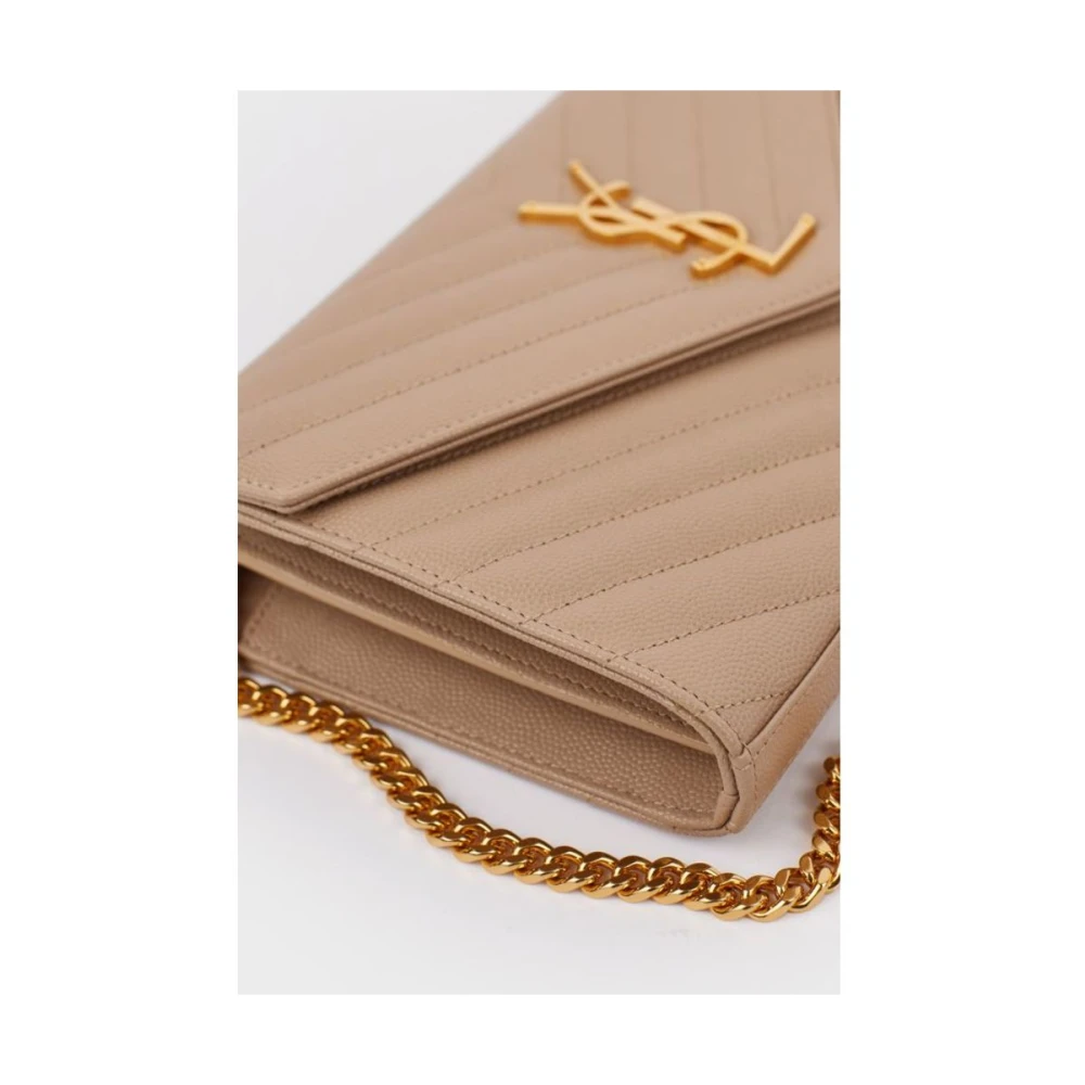 Saint Laurent Monogram Chain Wallet In Grain De Poudre Embossed Leather Beige Dames