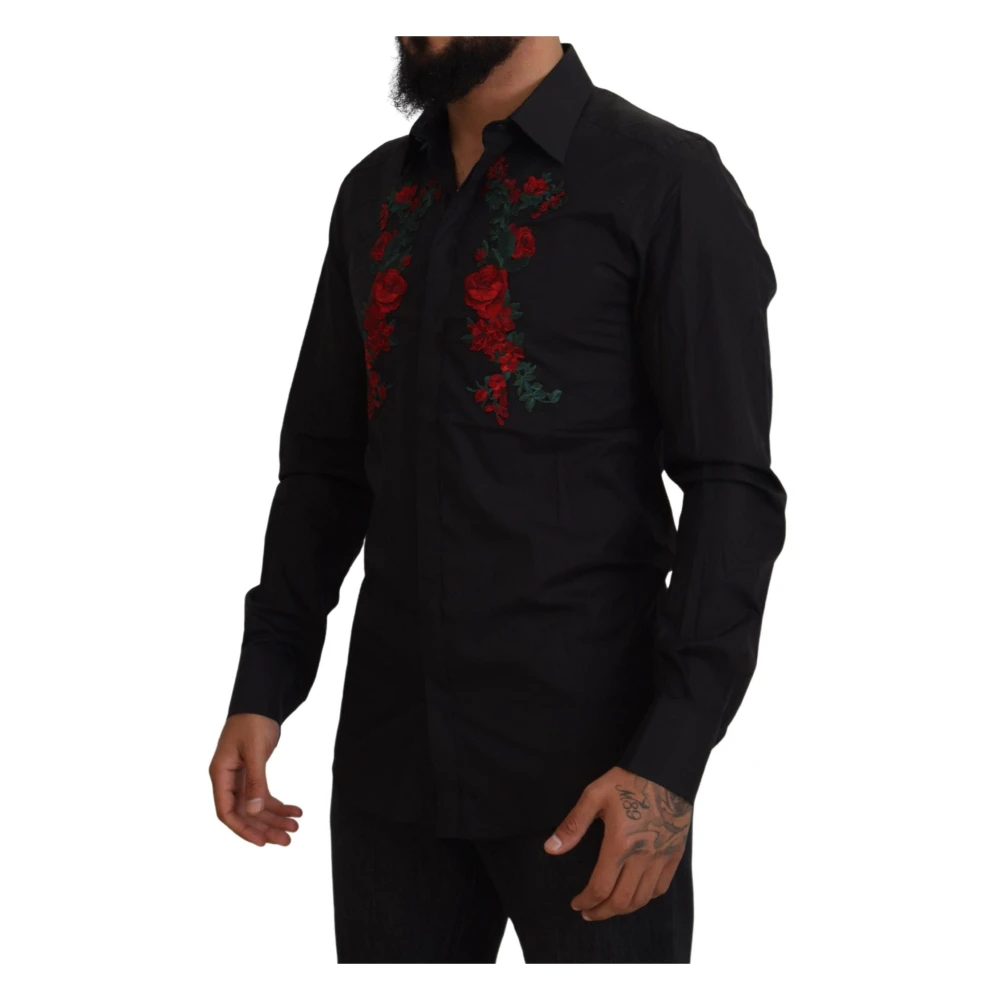 Dolce & Gabbana Zwarte Bloemenborduurwerk Heren Lange Mouwen Shirt Black Heren