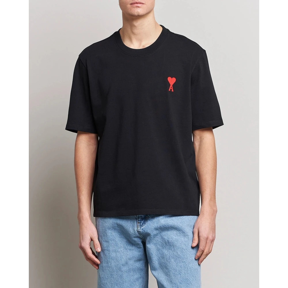 Ami Paris Hart Geborduurde Boxy Fit T-shirt Black Heren