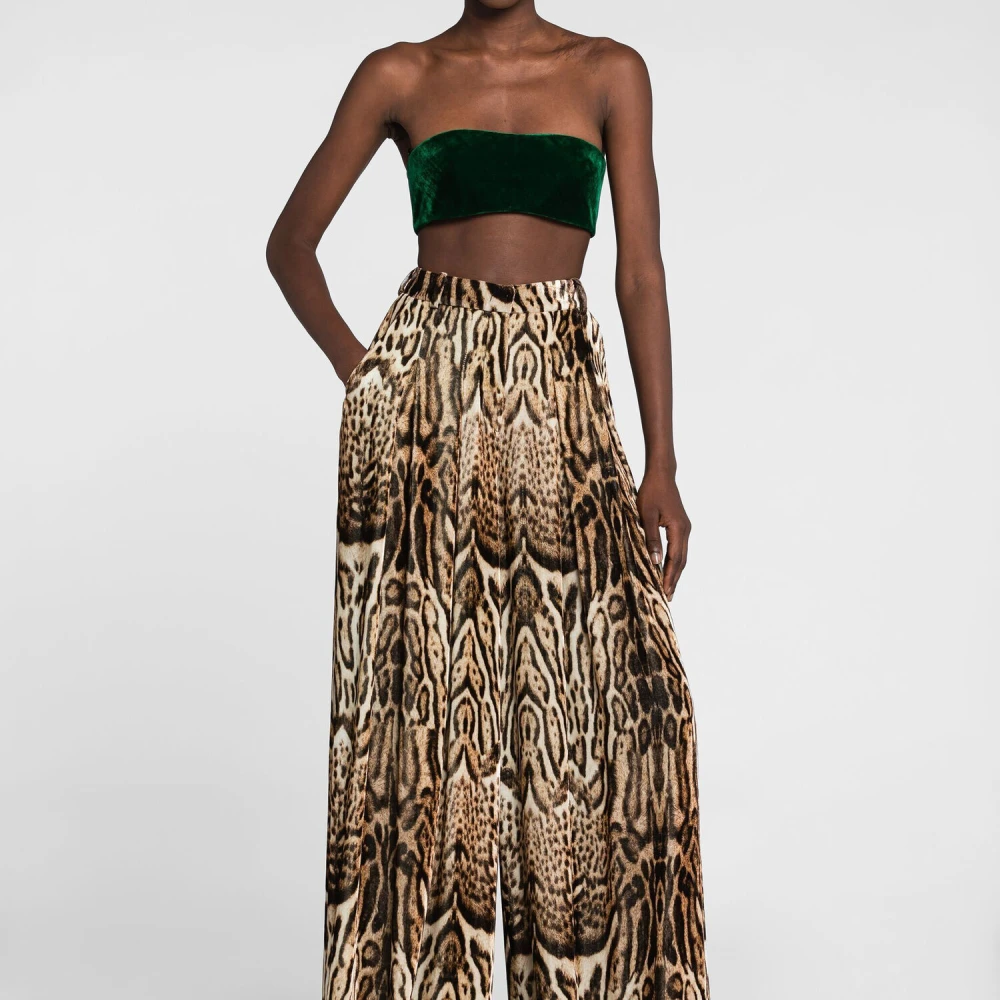 Roberto Cavalli Ocelot Wijde Fluwelen Broek Brown Dames