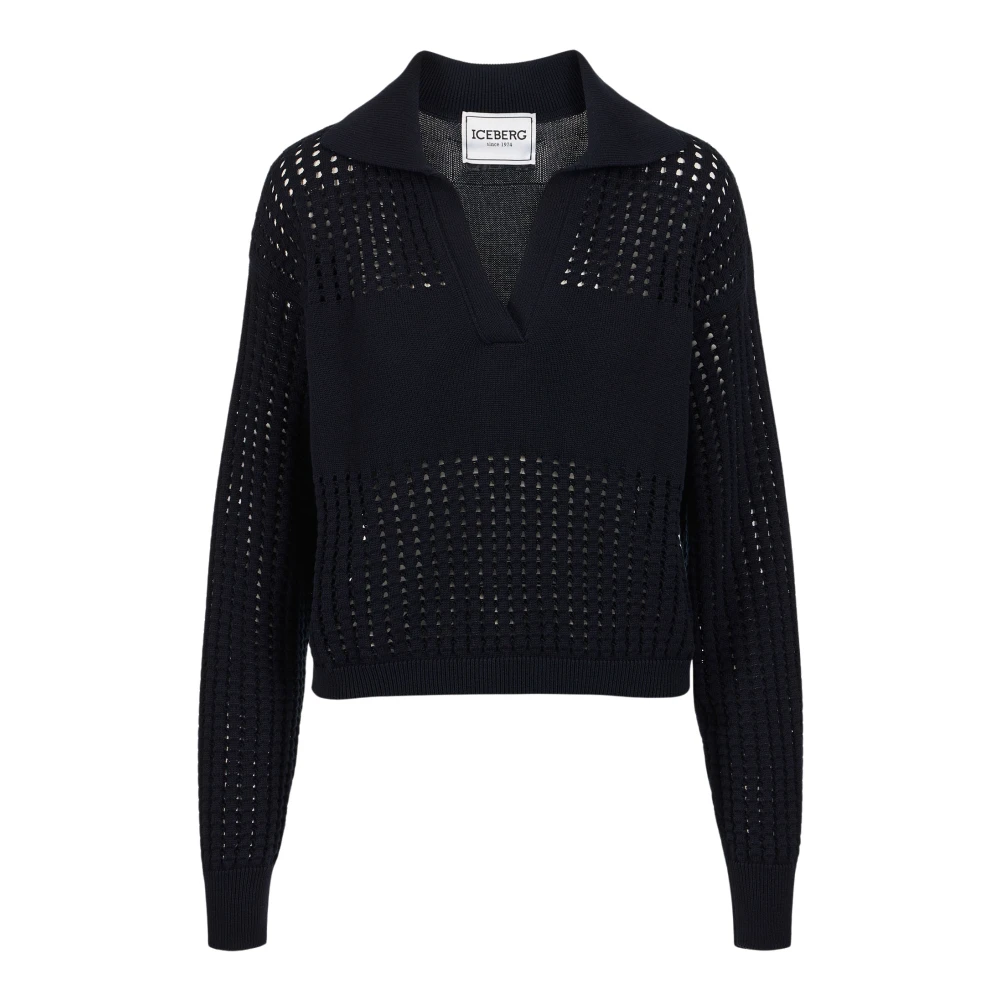 Iceberg Blauwe katoenen polo met geperforeerde strepen en logo Blue Dames