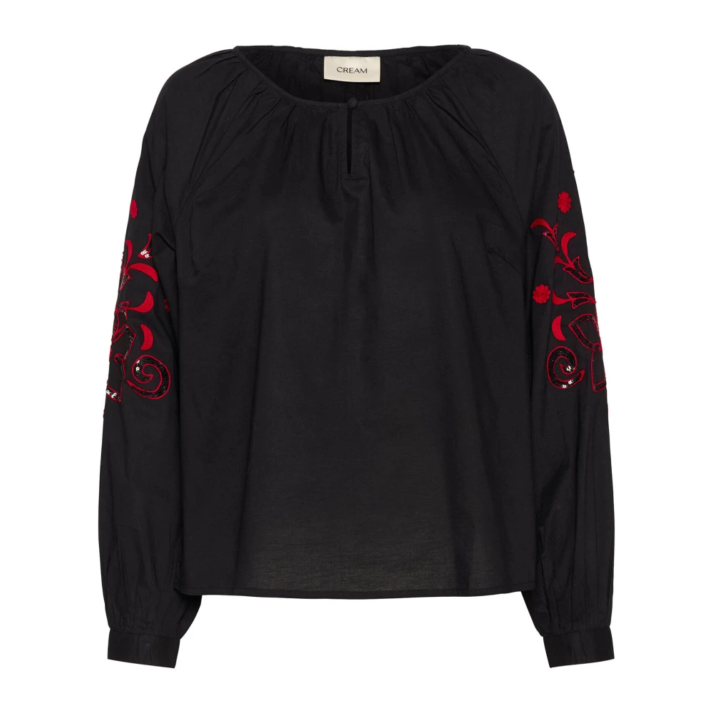 Cream Zwarte Geborduurde Blouse met Pailletten Black Dames