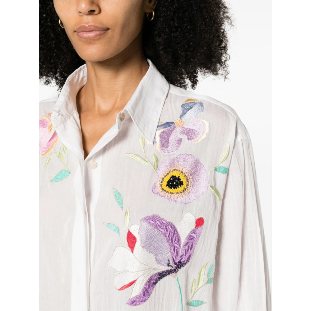 Forte Geborduurd Katoenen Overhemd met Bloemen White Dames