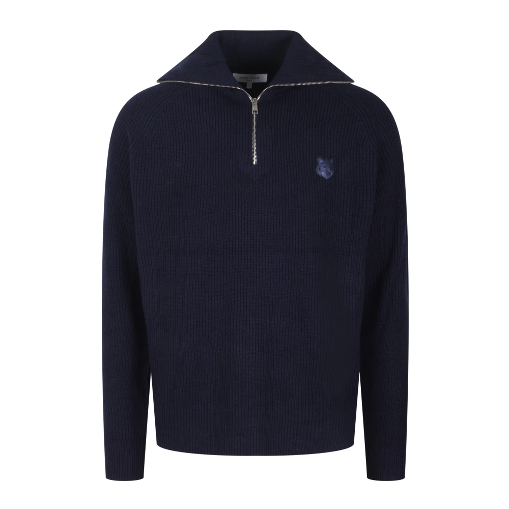 Maison Kitsuné Bold Fox Wollen Blend Rits Trui Blue Heren