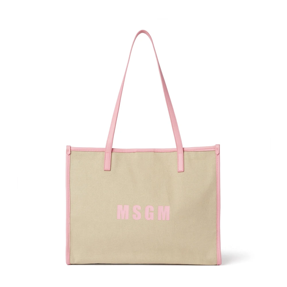 Msgm Canvas Tote Tas met Bedrukt Logo Beige Dames