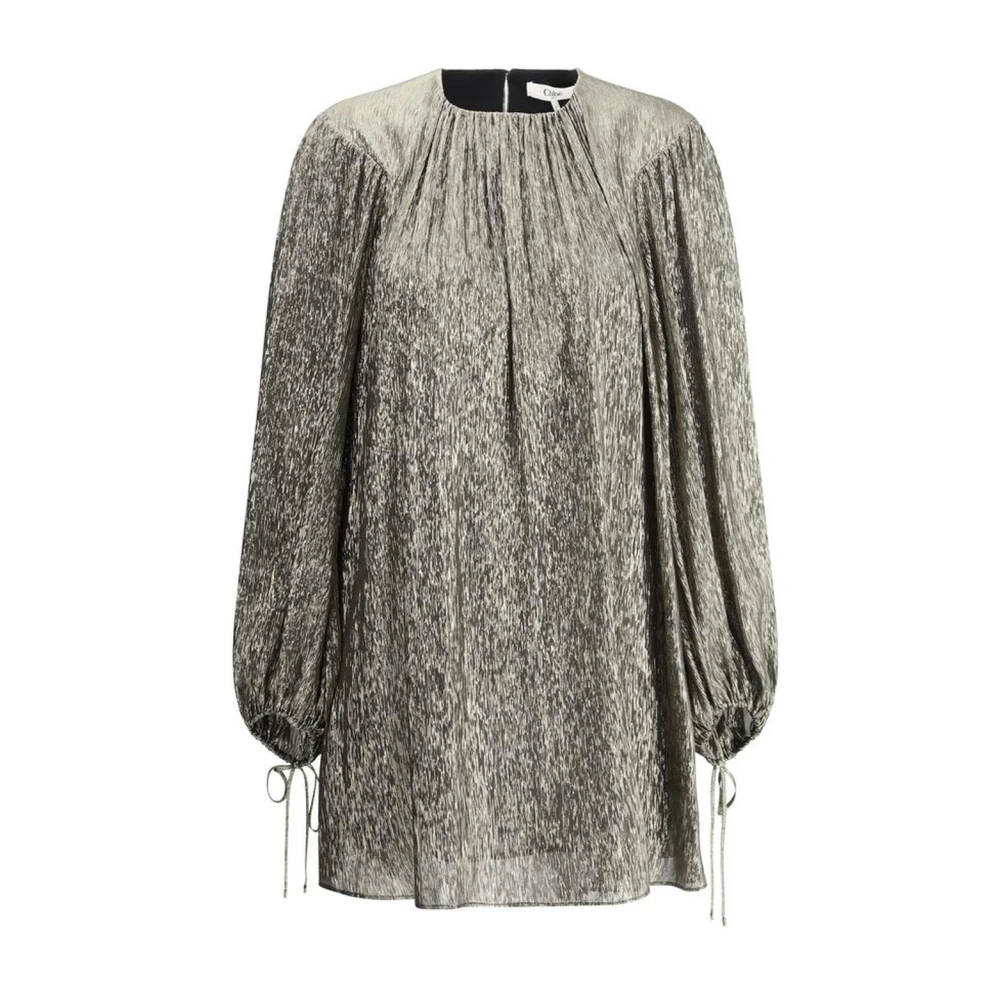 Chloé Metallic Crewneck Puffed Sleeves Jurk Vrouw Gray Dames