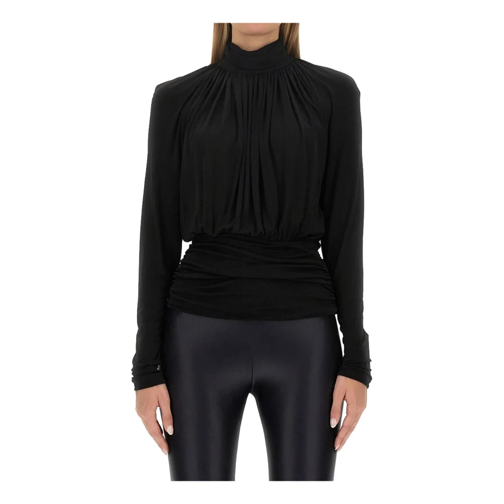Saint Laurent Stijlvolle Gedrapeerde Hoge Hals Top Black Dames