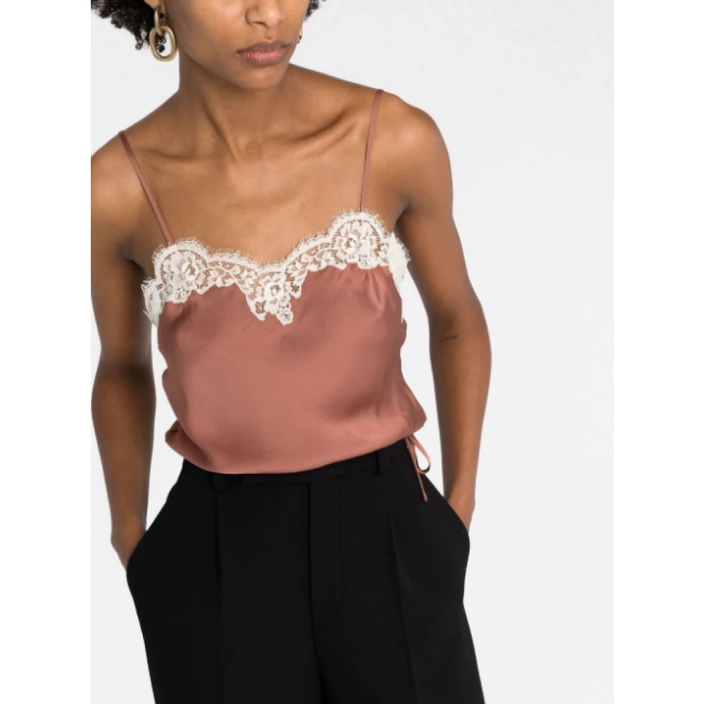 Saint Laurent Mouwtjesloze top met kanten rand Brown Dames