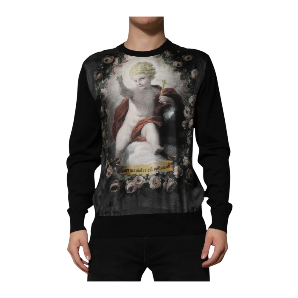 Dolce & Gabbana Black Cashmere Knitwear, Male, 2XL, Cashmere Cherub Print Baroque Jumper