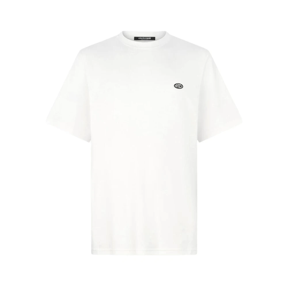 Roberto Cavalli Men's White T-Shirts, 2XL, Logo Patch Cotton Crew-Neck T-Shirt