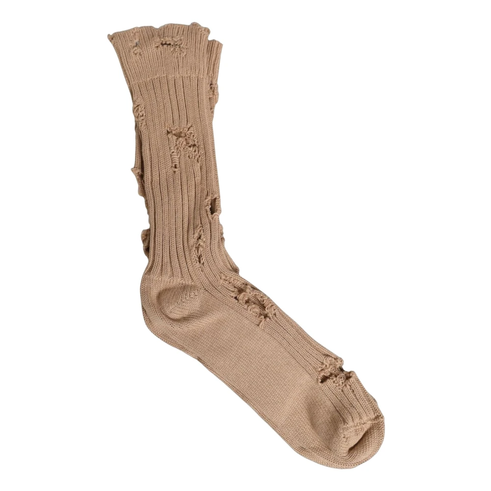 Dolce & Gabbana , Socks, Female, Beige, One Size, Beige Cotton Distressed Mid Calf Accessory Socks - Image 1