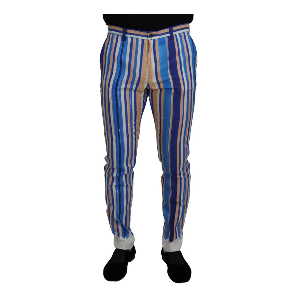 Dolce & Gabbana Men's Multicolor Slim-Fit Trousers, S, Blue Striped Trousers With Logo Details