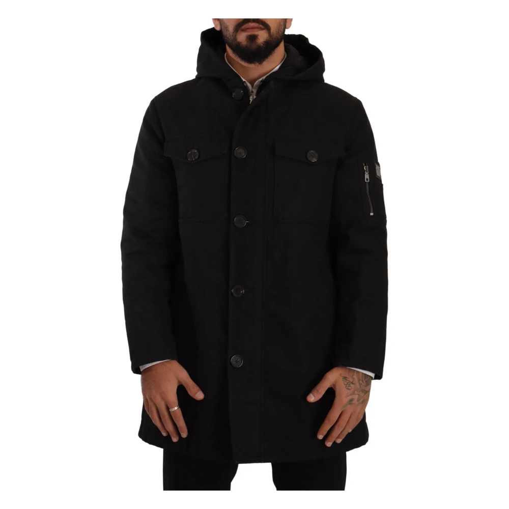 Dolce & Gabbana Men's Black Parkas,, Elegant Parka Hooded Jacket Small