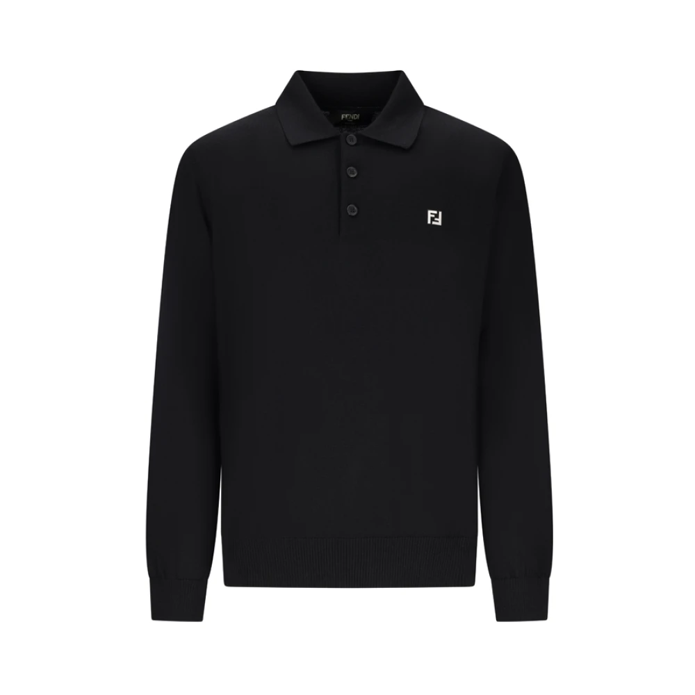 Fendi Men's Black Polo Wool Ff Metal - Round-Neck Knitwear - M - Knitwear