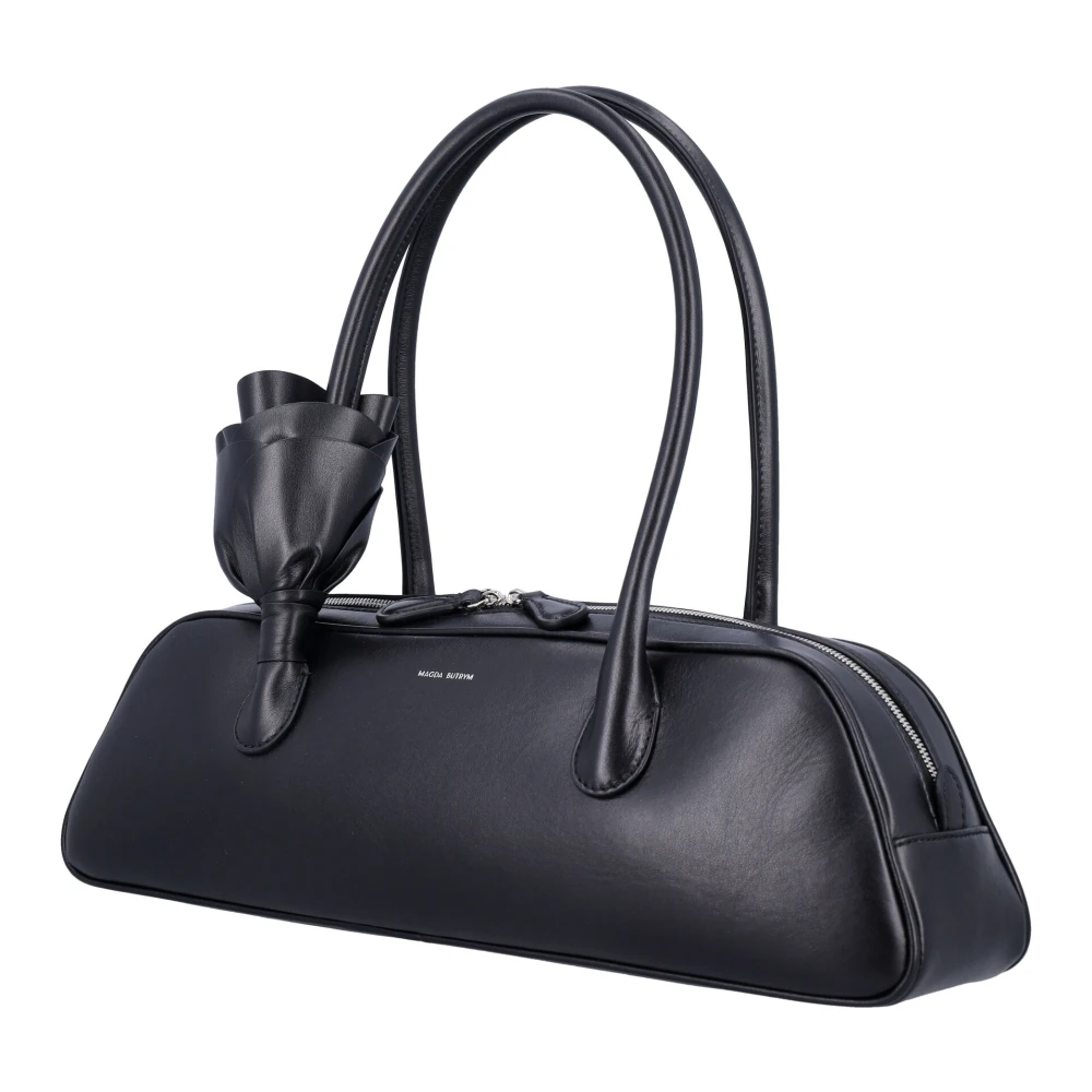 Magda Butrym Zwarte leren trapeze handtas met bloemversiering Black Dames