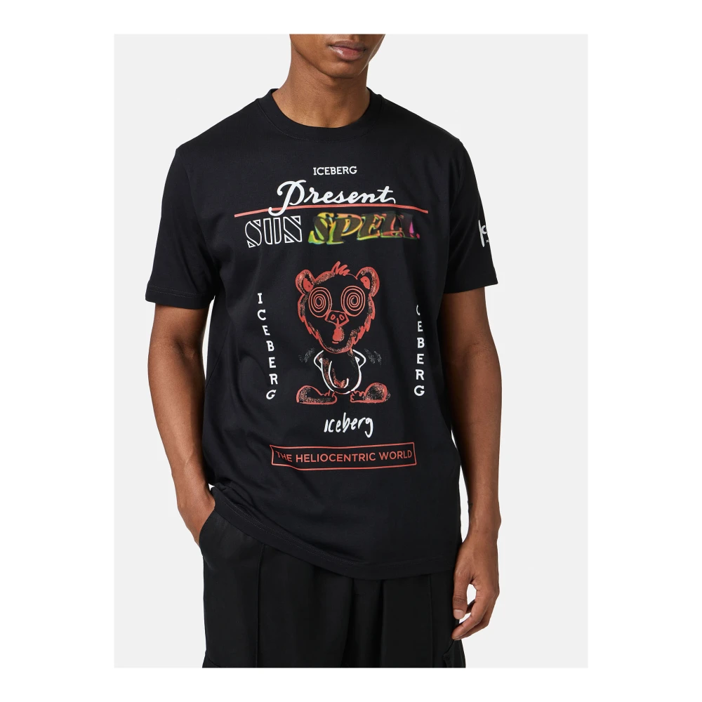 Iceberg Zwarte regular fit katoenen T-shirt met maxi multicolor Bear print Black Heren