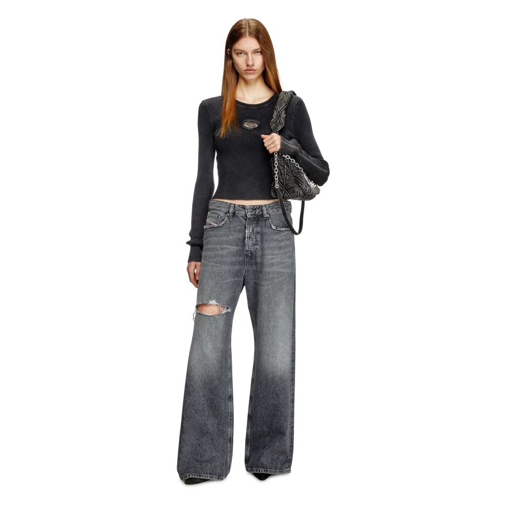 Diesel Geribbeld katoenen top met frontlogo Black Dames