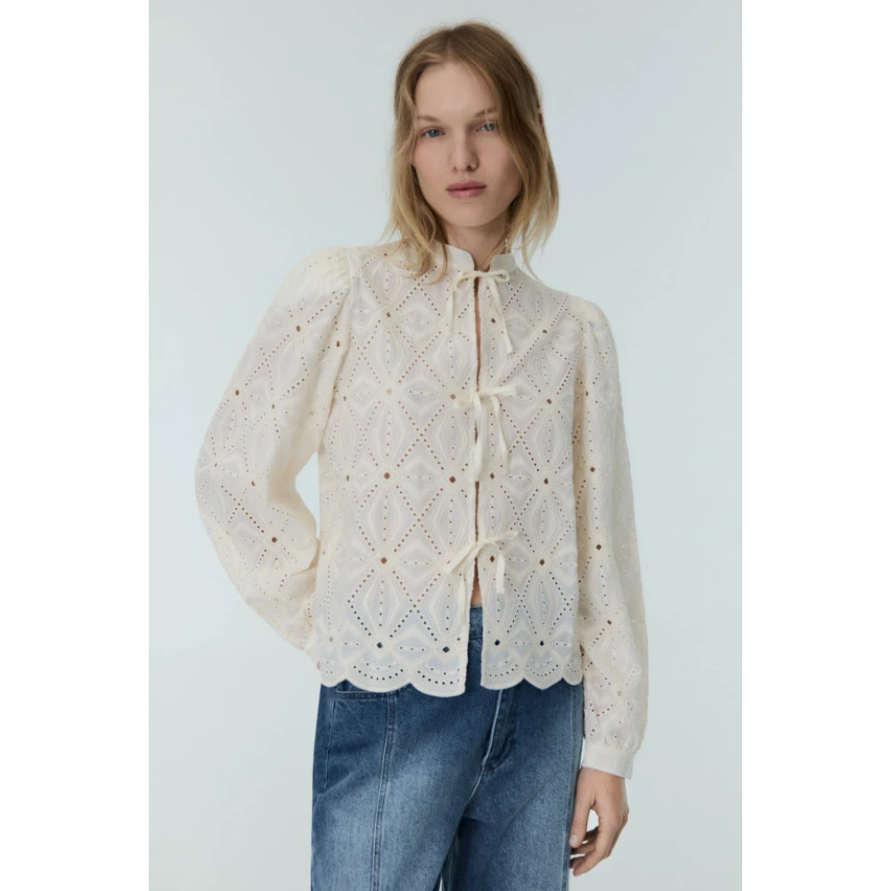 The New Society Blouse met geborduurde voile en pofmouwen Beige Dames
